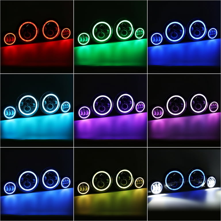 4+7 inch LED Headlights RGB Hallo Angel Eyes Round DRL Bluetooth Remote  Control Super Bright for Jeep Wrangler JK DOT Approved DRL Driving Light 