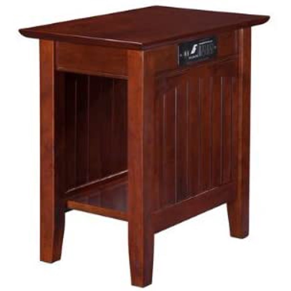 Mid Century Modern Wood Beveled Top Side End Table with 2 USB Charging Ports Lower Shelf and