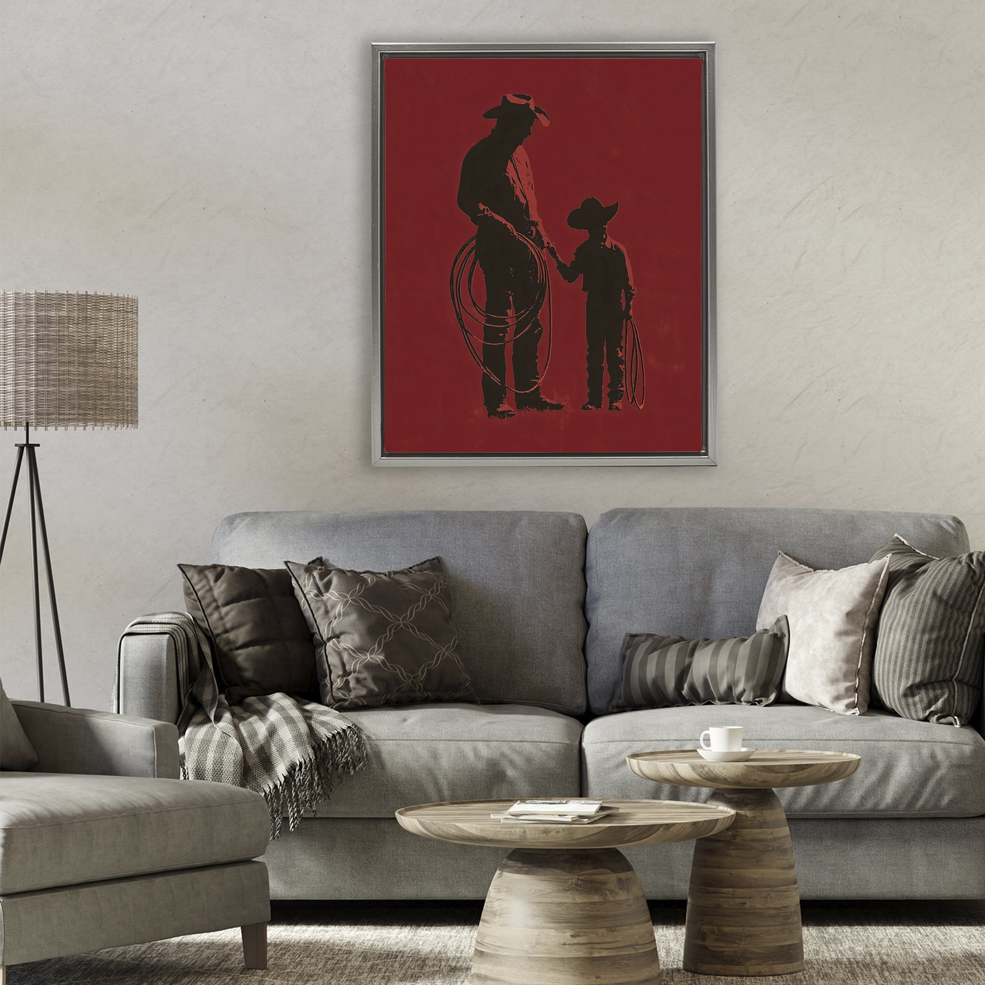 Burgundy Cowboy Father & Son Gray Framed Floater Canvas Wall Art, design by Arlington Prints