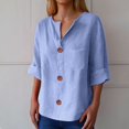 thumbnail image 3 of Linen Tops for Women Summer V Neck 3/4 Length Sleeve Womens Tops with Button Roll-Up Sleeve Casual Loose Fit Blouses Blue M, 3 of 5