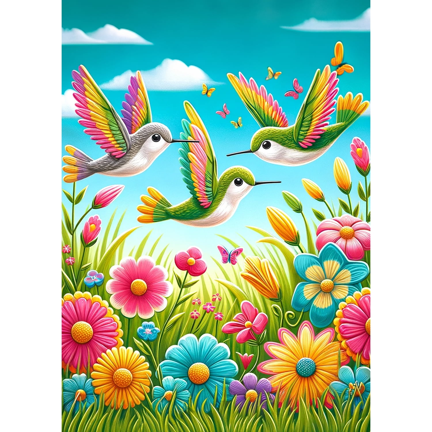 America Forever Hummingbird Spring House Flag 28 x 40 inch Double Sided Hummingbirds Colorful Flowers Butterflies Spring Seasonal Outdoor Yard Decorative Flag