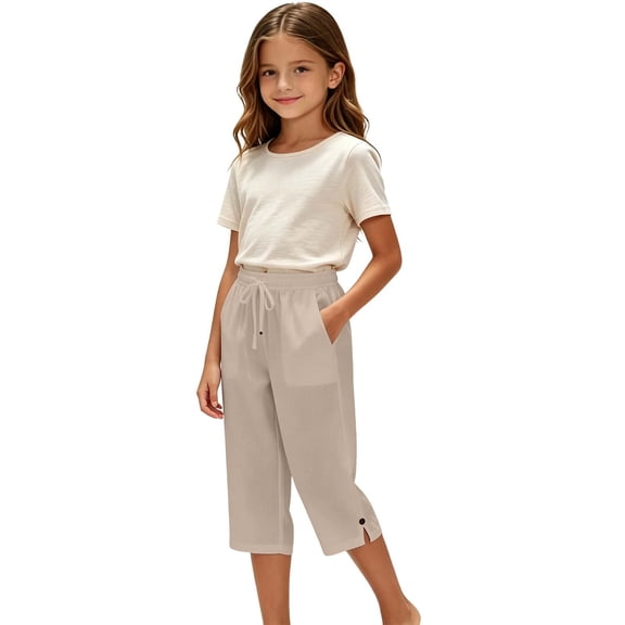 lnmuld Solid Kids Drawstring Capri Pants with Side Pockets and Slit Cuff Beige,9-10 Years