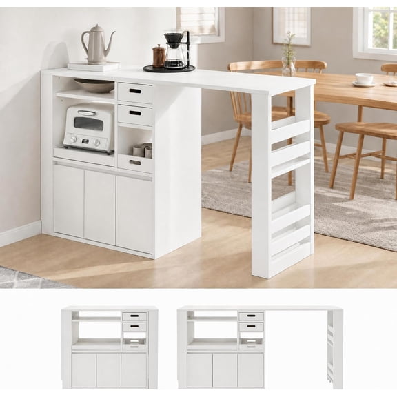Memoryfield Extendable Kitchen Counter, Microwave Shelf with Drawer & Cable Slits, for Living Room, Dining Room, White