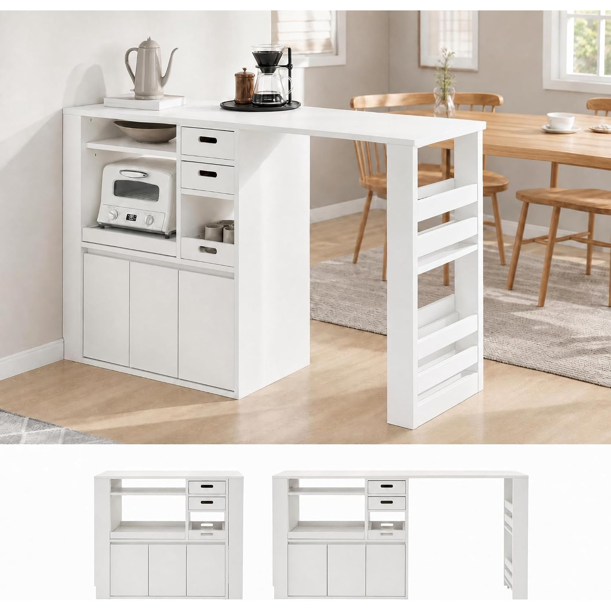 Memoryfield Extendable Kitchen Counter, Microwave Shelf with Drawer & Cable Slits, for Living Room, Dining Room, White