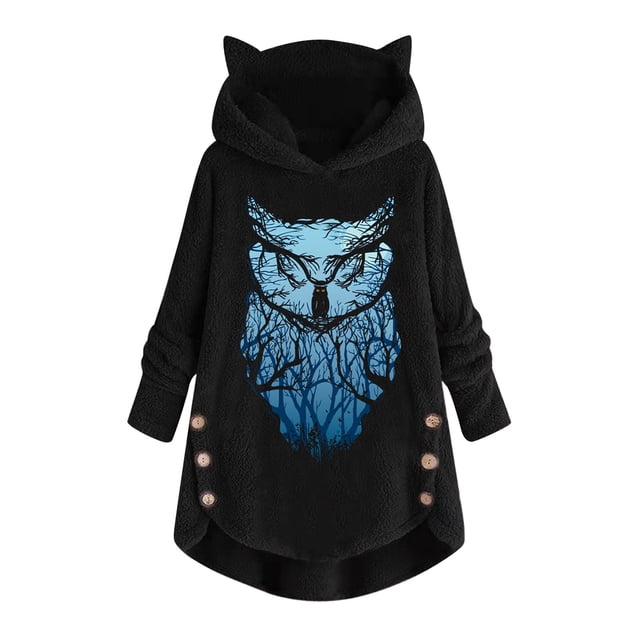 DPTALR Manteau à Capuche en Peluche à Manches Longues avec Oreilles de Chat Imprimé Décontracté pour Femme