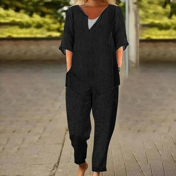 Women's Plus Size Set Cotton Half Sleeve Round Neck Casual Two Piece Wear