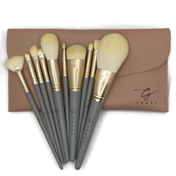 SPATI Makeup Brush Set, 10 pcs Soft Grey Blue Premium Cosmetics Makeup Brush Foundation Mixed Blush Concealer Pen Shade Eyeshadow Eyeliner, Compatible, With Cosmetic Bag