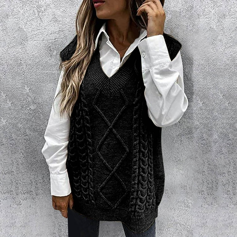 REORIAFEE Women's Oversized Cable Knit Tunic Sweater Vest Pullover Top  Streetwear V-Neck Knit Sweater Vest Tops Black M