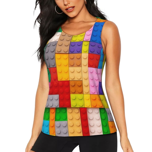 Fotbe Colorful Plastic Blocks Pattern Blusas Sin Mangas para Mujer – Estilo Casual, Corte Suelto, Slim-Fit, Cuello Redondo Deportivo, Tops de Verano para Gimnasio y Yoga-Large