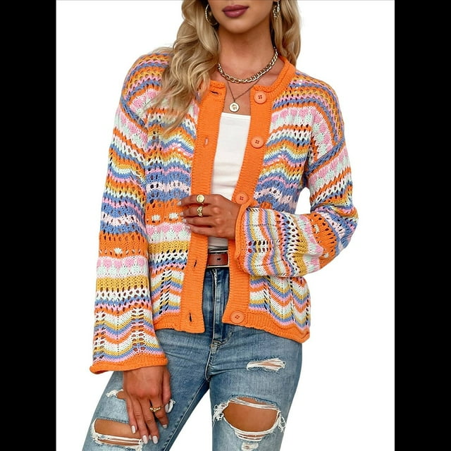 Cárdigan de Punto A Crochet con Rayas Multicolores para Mujer, Cuello Redondo, Mangas Acampanadas, Botones, Abrigo Estilo Suéter Y2K. Naranja L