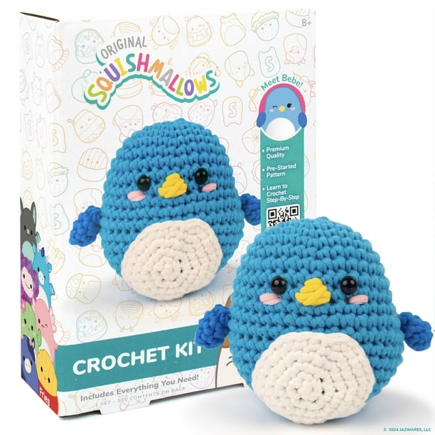 El kit de crochet original de Squishmallows Bebe the Bluebird incluye hilo, gancho de crochet, ganchos para principiantes, tutoriales paso a paso, kit de crochet exclusivo para principiantes, kits de