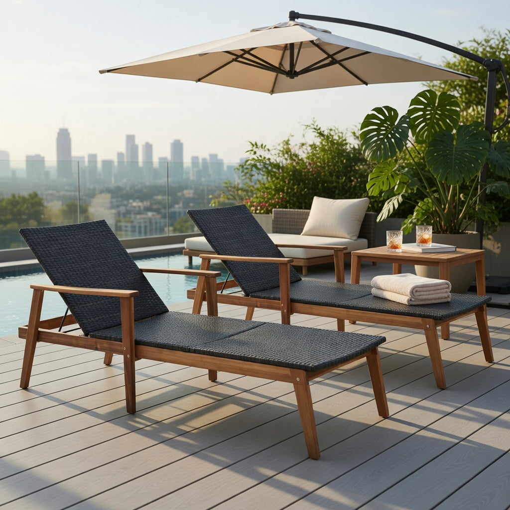 Hommoo 4-Position Adjustable Patio Chaise Lounge with Foldable Side Table, Heavy-Duty Acacia Wood & PE Rattan Outdoor Recliner Set for Backyard, Poolside, and Deck, Brown