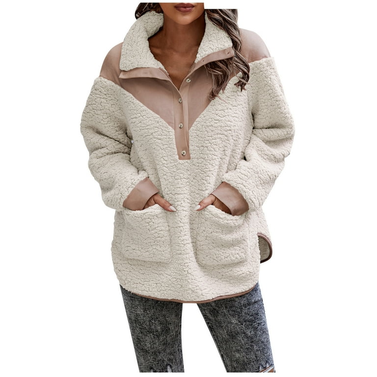 FITORON Women Fleece Jacket- Solid Comfy Warm Jacket Turndown Collar  Outerwear Long Sleeve Full Zip Overcoat Beige XL 