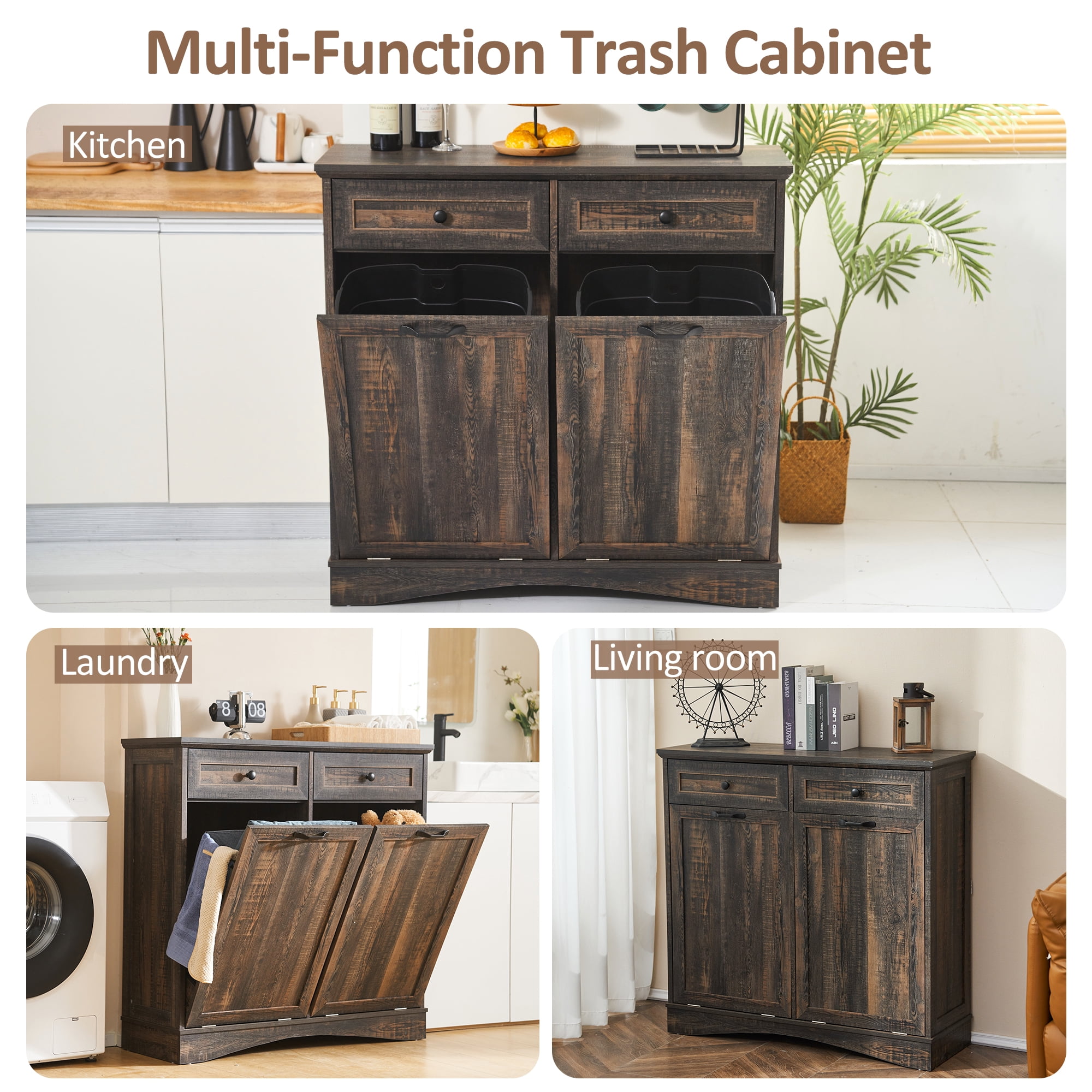 HARIPUL Double Tilt Out Trash Cabinet, 26 Gallon Trash Can Cabinet with Drawers & Handles for Kitchen, Dark Brown