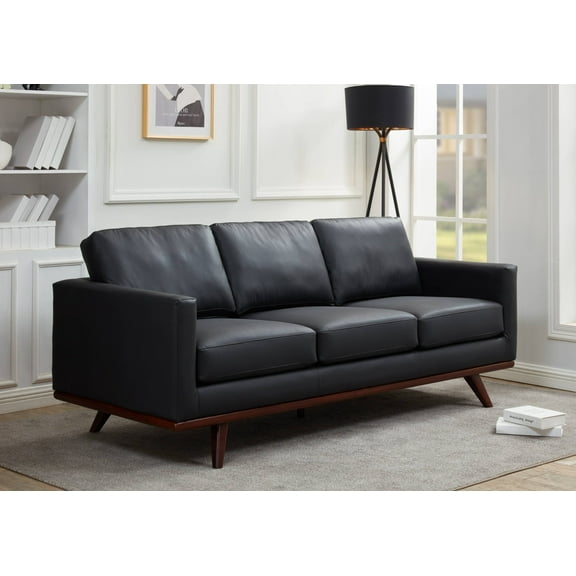 Leisuremod Chester Modern Leather 3 Seater Sofa With Birch Wood Base Mid Century Living Room Couch (Black)