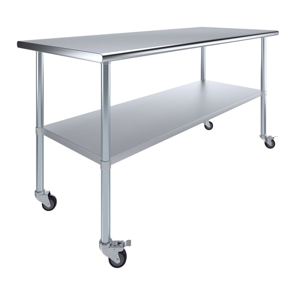 AmGood 72" Long x 30" Deep Stanless Steel Work Table with Casters | Mobile Metal Table