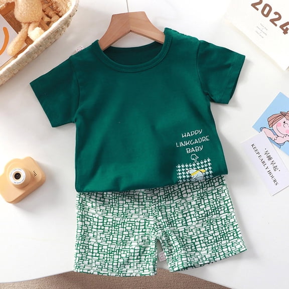 hengsof Children's Summer Home Wear Fashionable Cotton Printed Pattern Round Neck Short Sleeve T-Shirt Elastic Waist Loose Shorts Casual Two Piece Set