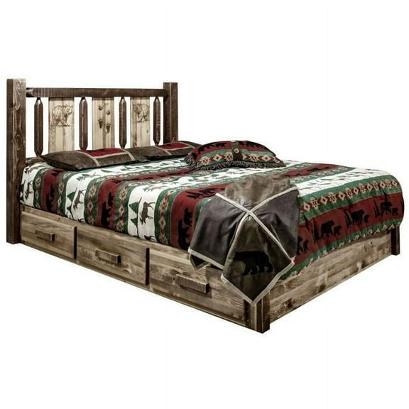 Montana Woodworks Homestead Wood Twin Platform Bed with Engraved Bear in Brown