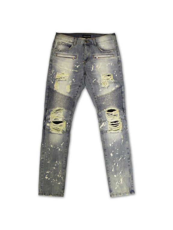 Embellish Maverick Splatter Biker Denim Jeans Stone Wash Bleach Blue