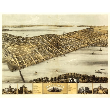 Historic Panoramic View - Madison Wisconsin Norris 1867 - Vintage Wall Art