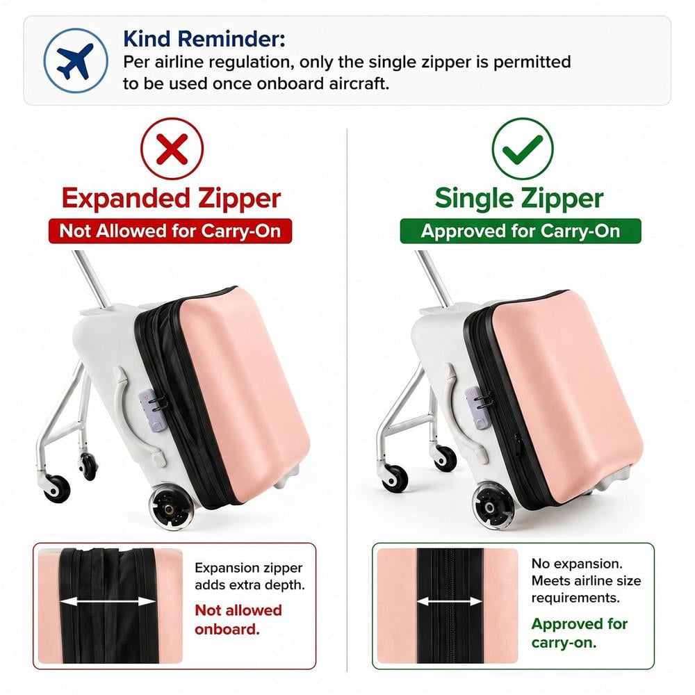 Expandable Kids Ride-On Luggage, 20-Inch Carry-On Suitcase with Shockproof Silent Wheels and Guardrail, 2-in-1 Children's Luggage for Air Travel, Pink
