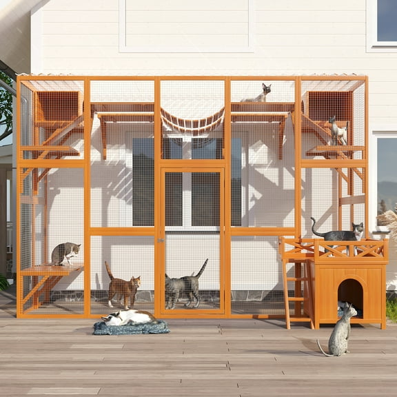 Demi Bonn 118" Weatherproof Catio Outdoor Cat Enclosure, Wood Cat House Shelter with Litter Box, Orange