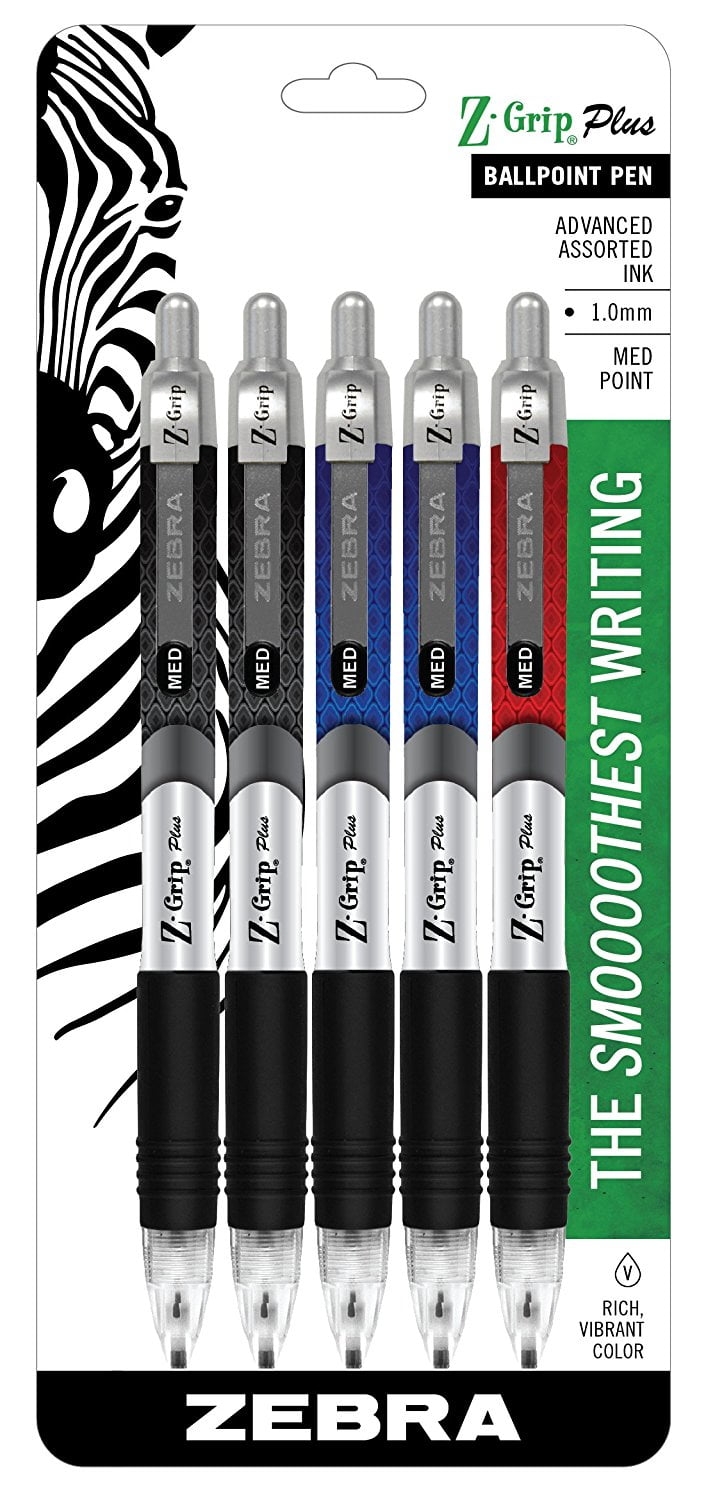 ZGrip Plus Retractable Ballpoint Pen, 1.0mm, Assorted Colors, 5pk, Low viscosity ink for