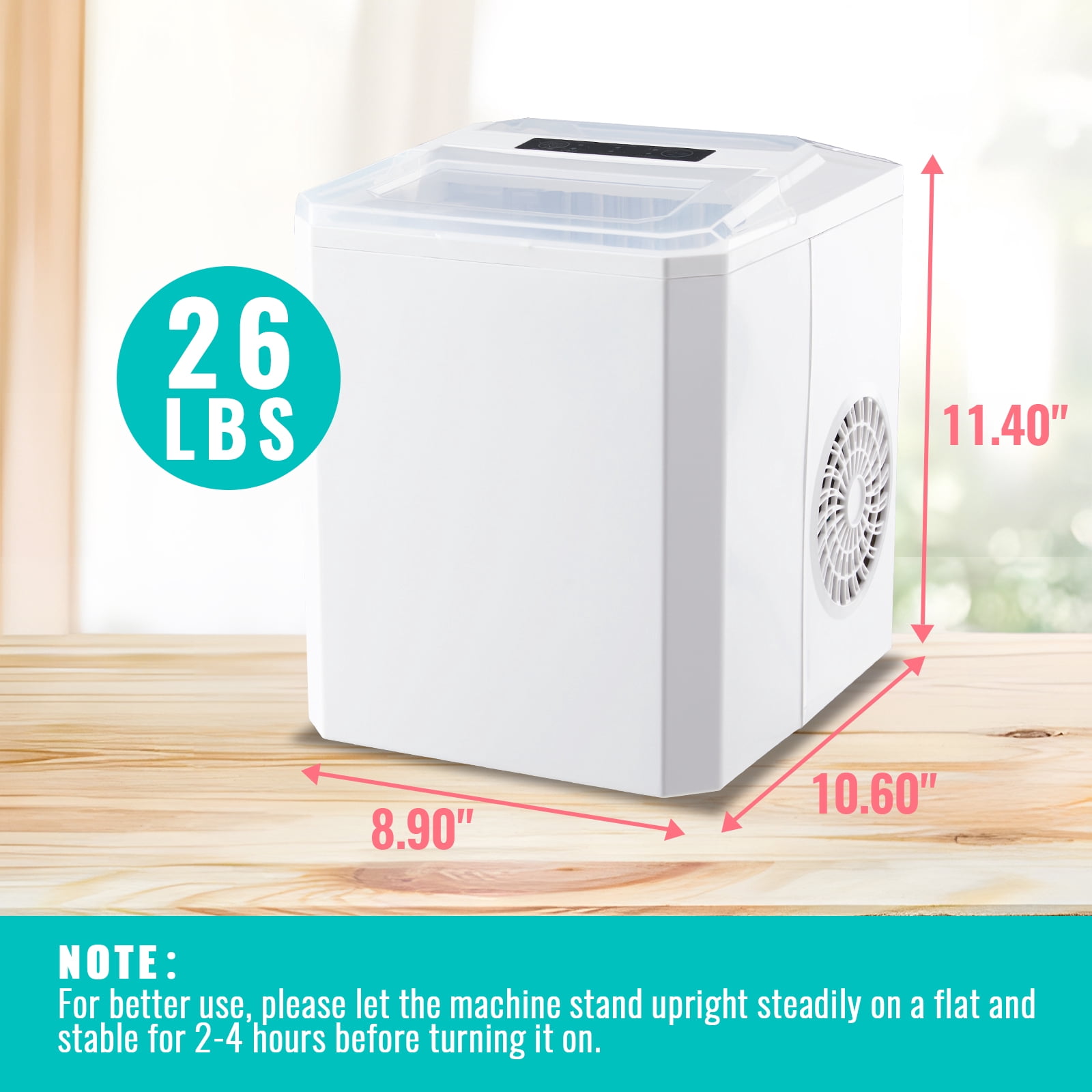 WANAI Ice Maker Countertop 26 lbs/24H 9 Ice Cubes Ready in 6-8 Minutes Small & Large Ice Cubes White