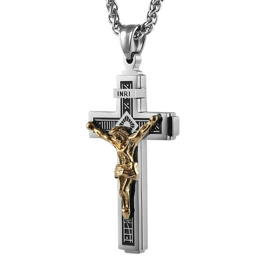 HZMAN Catholic Jesus Christ on INRI Cross Crucifix Gold Silver Tone stainless steel Pendant Necklace 22 2 Chain (Silver & Gold)