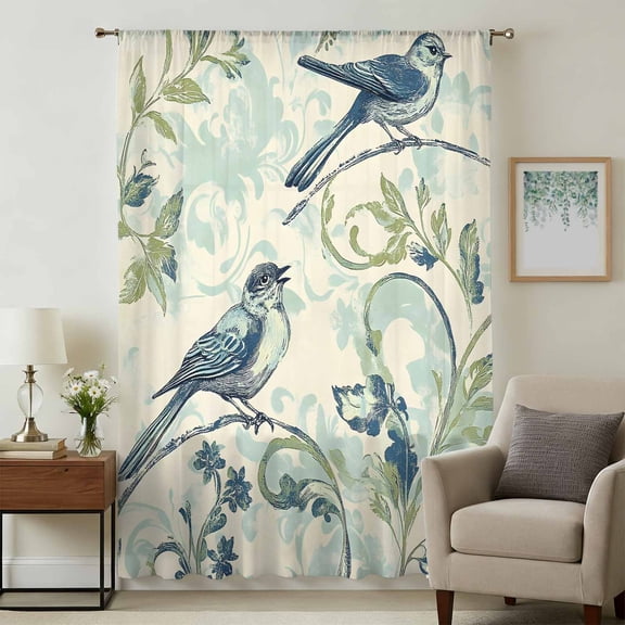 Vintage Floral Bird Sheer Curtains 84 Inches Long, Retro Summer Botanical Light Filering Curtains, Breathable Simi Curtain Privacy Drapes for Living Room Bedroom Lightweight Window Treatment