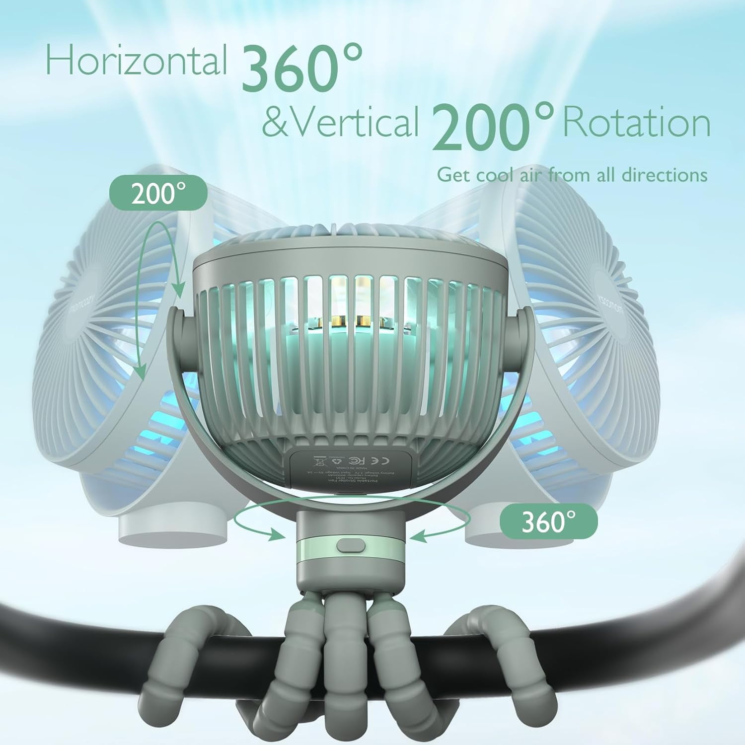 Momcozy Portable Stroller Fan, 8000mAh, 27H Ultra-long Battery Life USB Rechargeable Handheld Cooling Fan for Travel, Sage Green, 1 Count