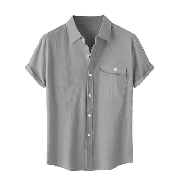 IYTR Mens Button Up Shirts Short Sleeve Cotton Linen T-Shirts Summer Casual Lapel Shirt Work Dress Shirt (Gray,XXL)