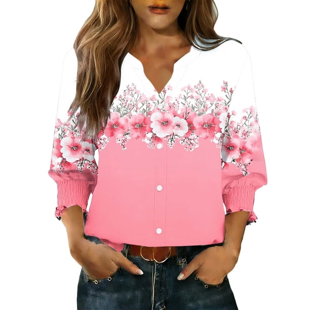 Camisas de Cuello de la Tripulación de Manga Corta para las Mujeres en V-Cuello Botón Arriba Cardigan 3/4 Manga Chaqueta Blusa, Cuello de la Tripulación de Manga Larga No Incluido