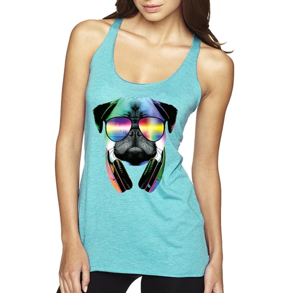 Wild Bobby, Colorful Pug DJ, Pop Culture, Women Tri-Blend Racerback Tank Top, Tahiti Blue, Small