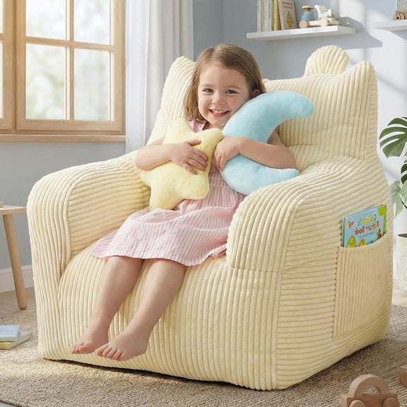 Bean Bag Chair for Kids with Plush Toys and Pocket Beige