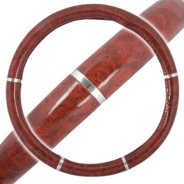 Wood Grain Design Chrome Stripe Dark Wood Steering Wheel Cover