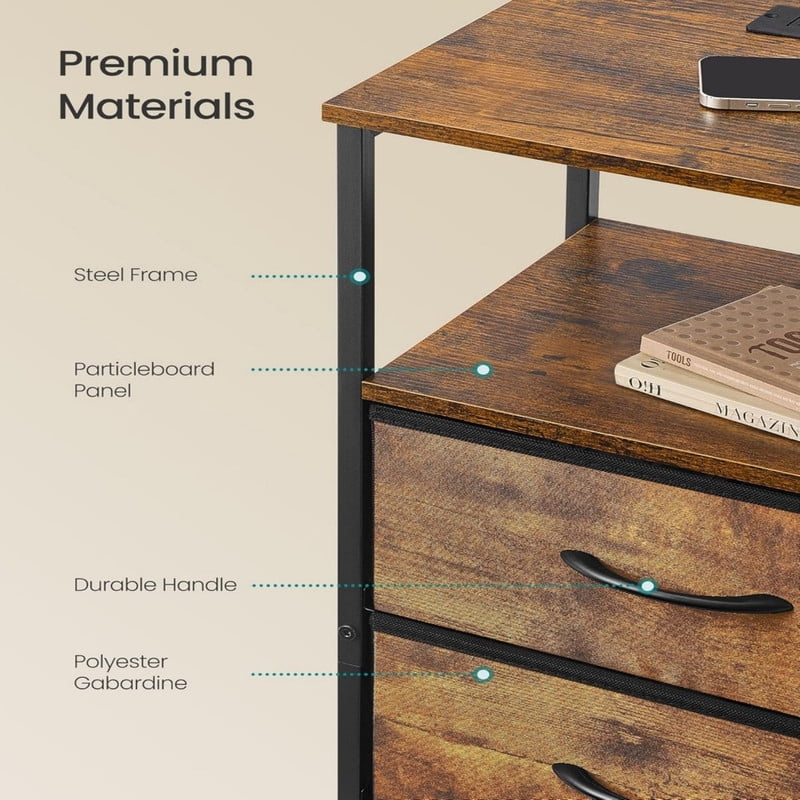 Kelno Nightstand with Charging Station Variable LED Strip End Table with 3 Fabric Drawers USB TypeC Outlets,Rustic Brown