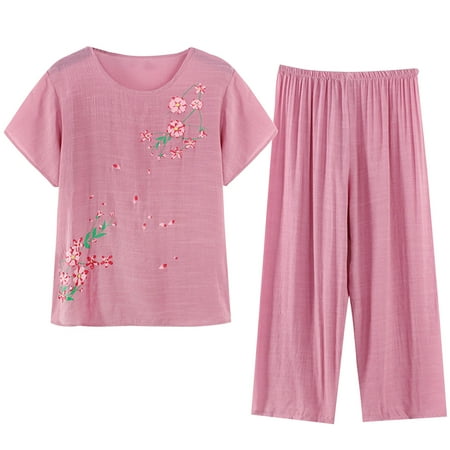 nerohusy Womens 2 Piece Cotton Linen Outfits Summer Casual Short Sleeve Tops Capri Pants Lounge Set for Older Mom Deals of The Day Clearance 2024 Pink XXL