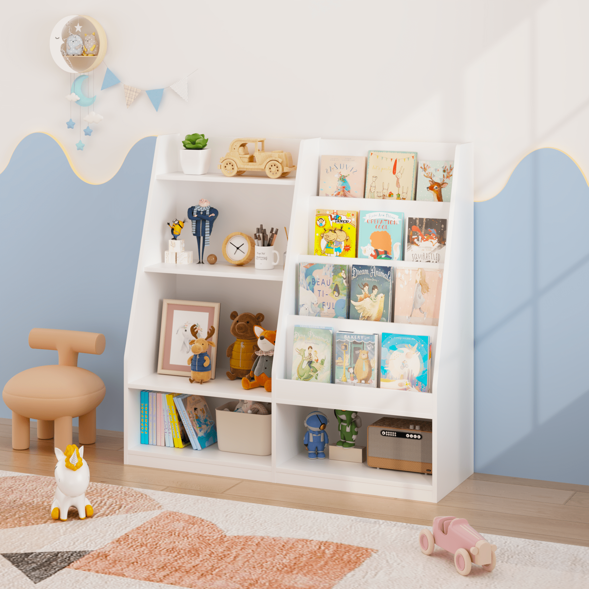 Kids Bookshelf and Toy Storage Organizer, 4 Tier Wooden Book Shelf with Display Stand for Kids Room Playroom Nursery, White