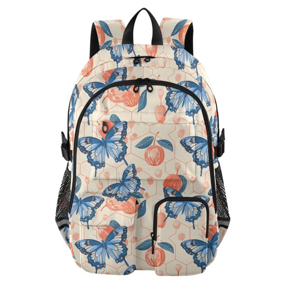 DIXRUYEE Blue Butterfly Yellow Background Pattern Pattern Backpack for School 14”Laptop Compatible with Reflective Safety Strips
