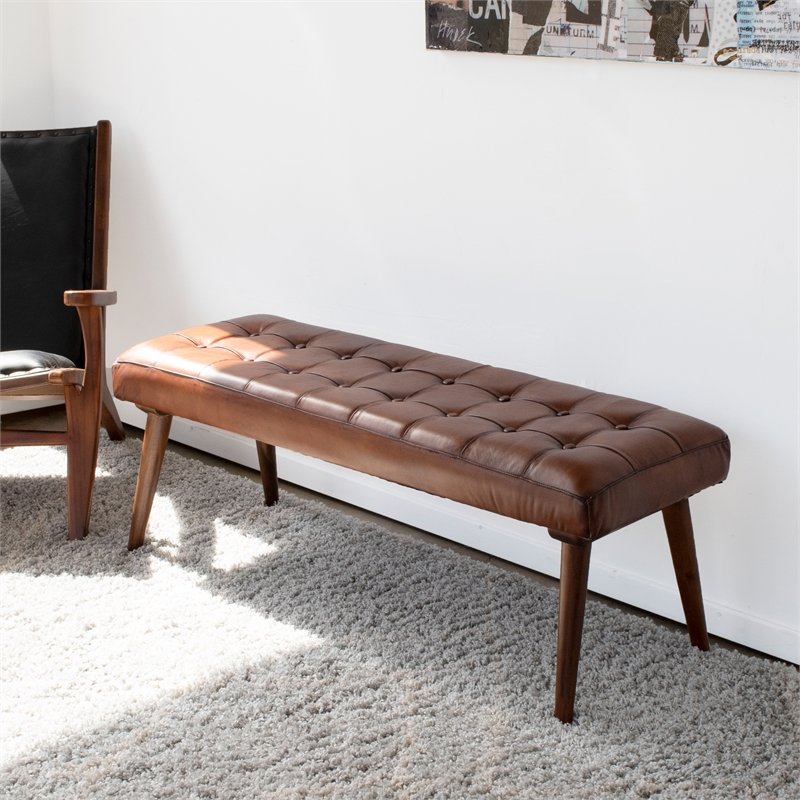 Mid Century Modern Benji Cognac Tan Genuine Leather Bench Walmart Com Walmart Com