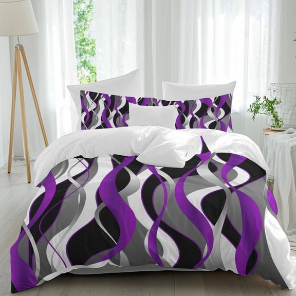 3 Piece Purple Stripe Duvet Cover Set Queen Size,Microfiber Comforter/Quilt Cover with Corner Ties and 2 Pillowcases,Black Grey White Gradient Striped Geometric All Season Bedding with Zipper Closure