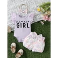 thumbnail image 4 of Aojekbee Baby Girl Summer Clothes Letter Print Ribbed Romper and Floral/Fruit Print Shorts Headband Set 3 Piece Outfits, 4 of 10