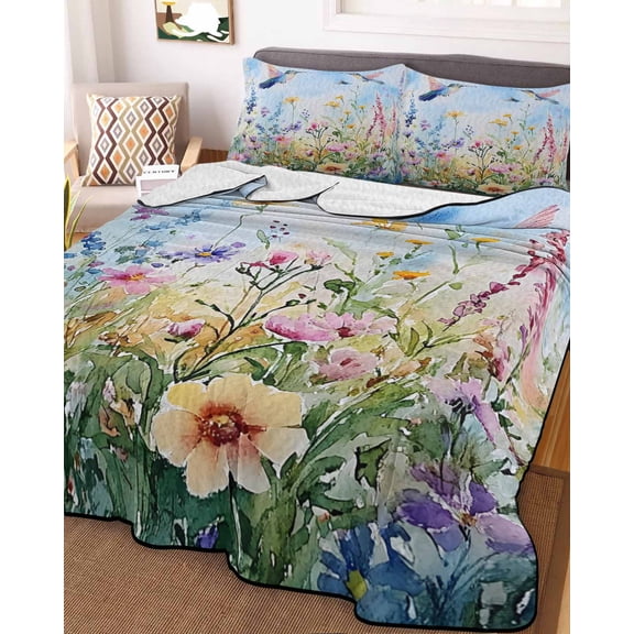 Spring Floral King Size Down Alternative Comforter, Lightweight Comforter Quilt Bedding Set with Pillow Shams Summer Botanical Hummingbird All Seasons Bed Comforter Duvet Insert 96"x106"