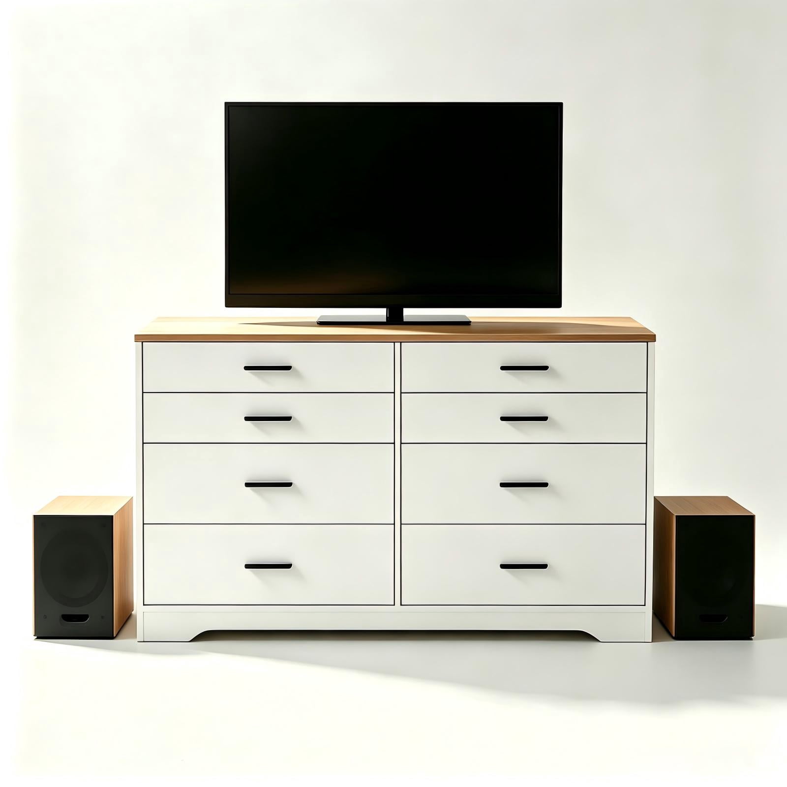 Double-Row 8-Drawer Storage Cabinet, Particleboard with Melamine-Coated Drawers, 55.91 x 17.72 x 32.28 in, Brown & White
