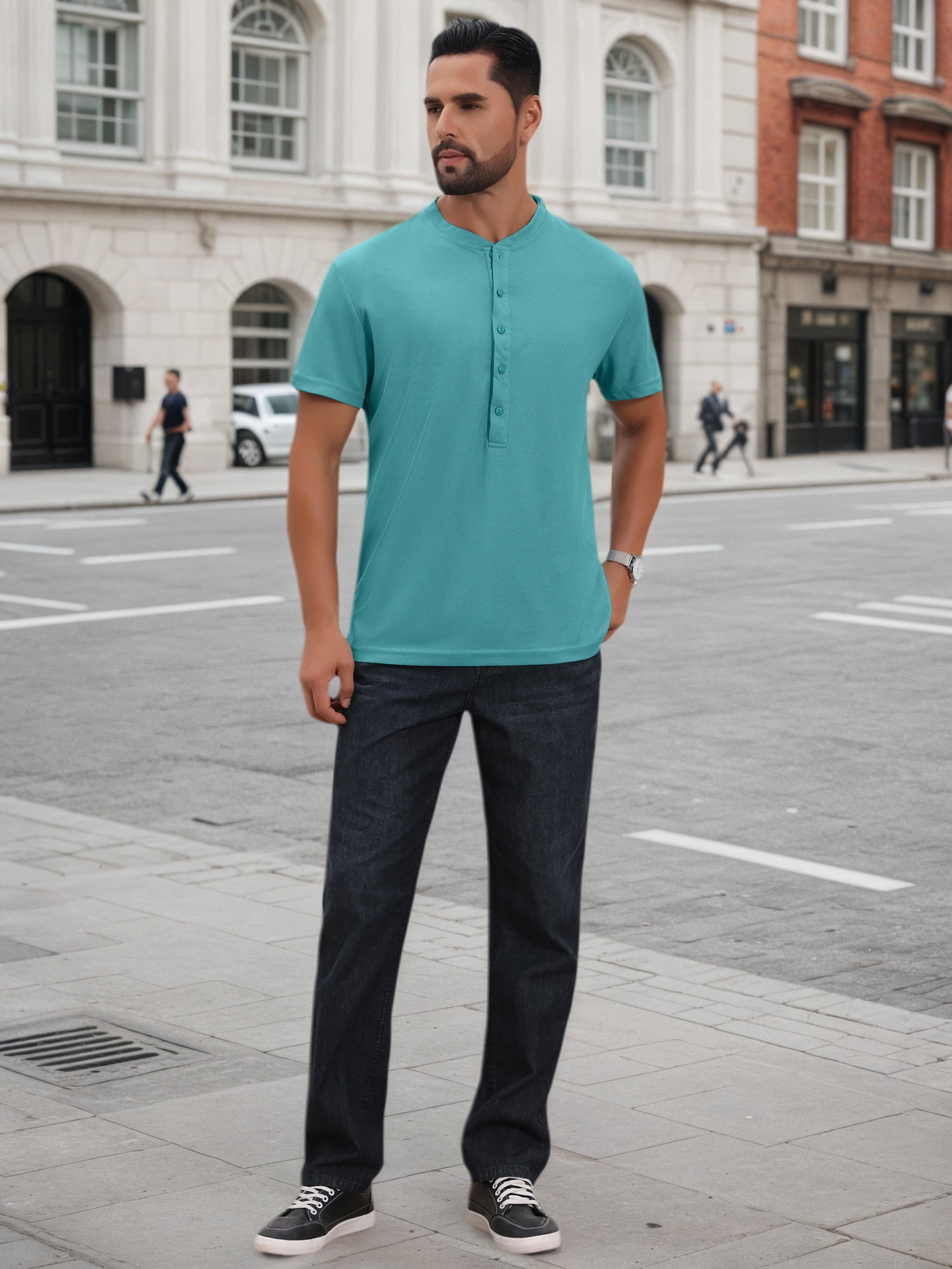 DARING DIVA Men's Henley Breathable Short Sleeve Button Down T-Shirt L Light Blue