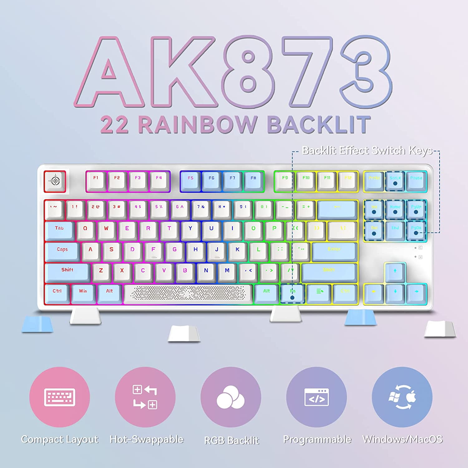 Lexontech AK873 Wired 87 Key TKL Mechanical Gaming Keyboard with Rainbow Backlit Hot-swap Tactile Blue Switch NKRO Gasket Ergonomic Wrist Rest Custom Coiled Aviator Cable for PC/Mac/PS4 Gamer