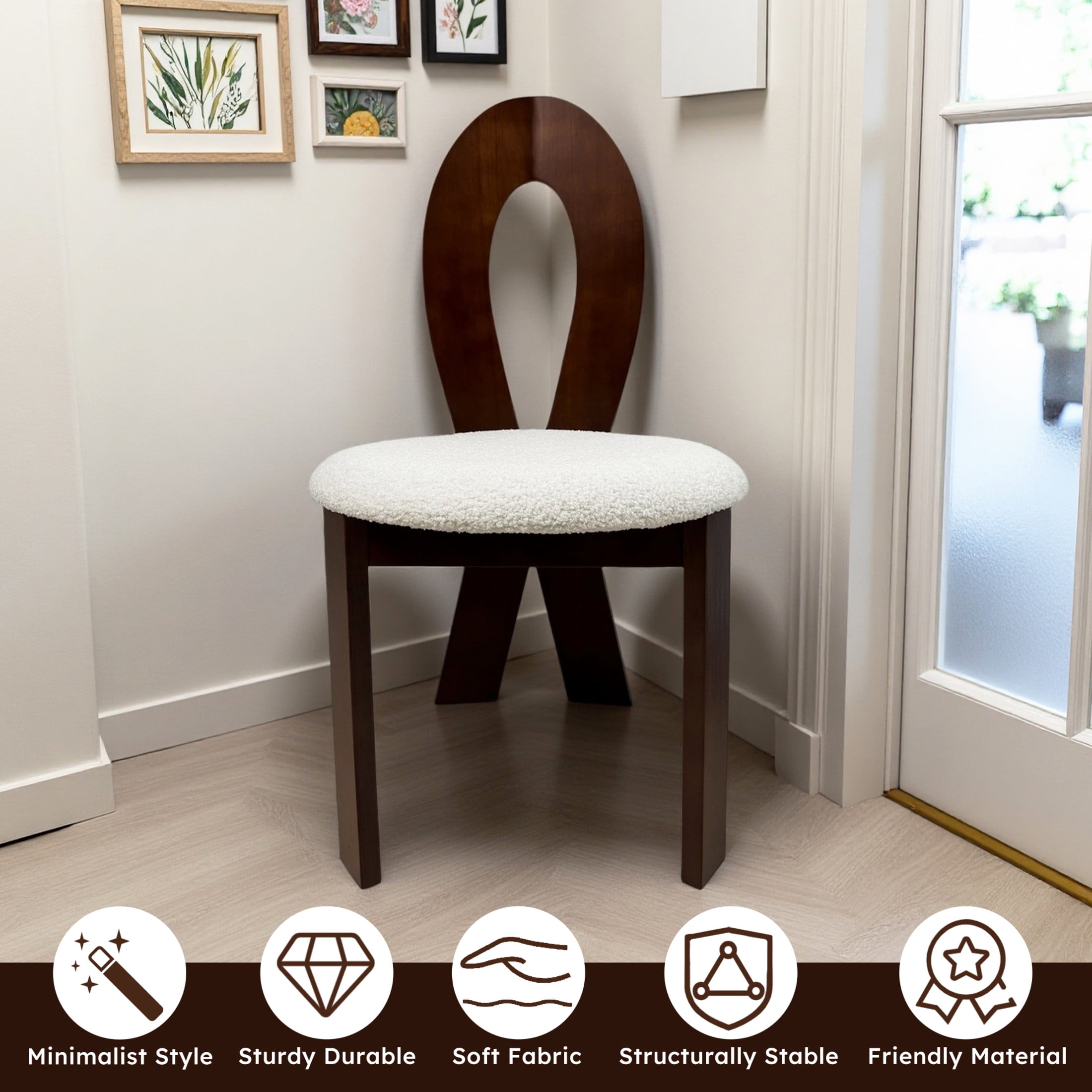 Noble House Set of 2 Dining Chairs with Ribbon-Cross Backrest, White Teddy Velvet Upholstered Cushions, Brown