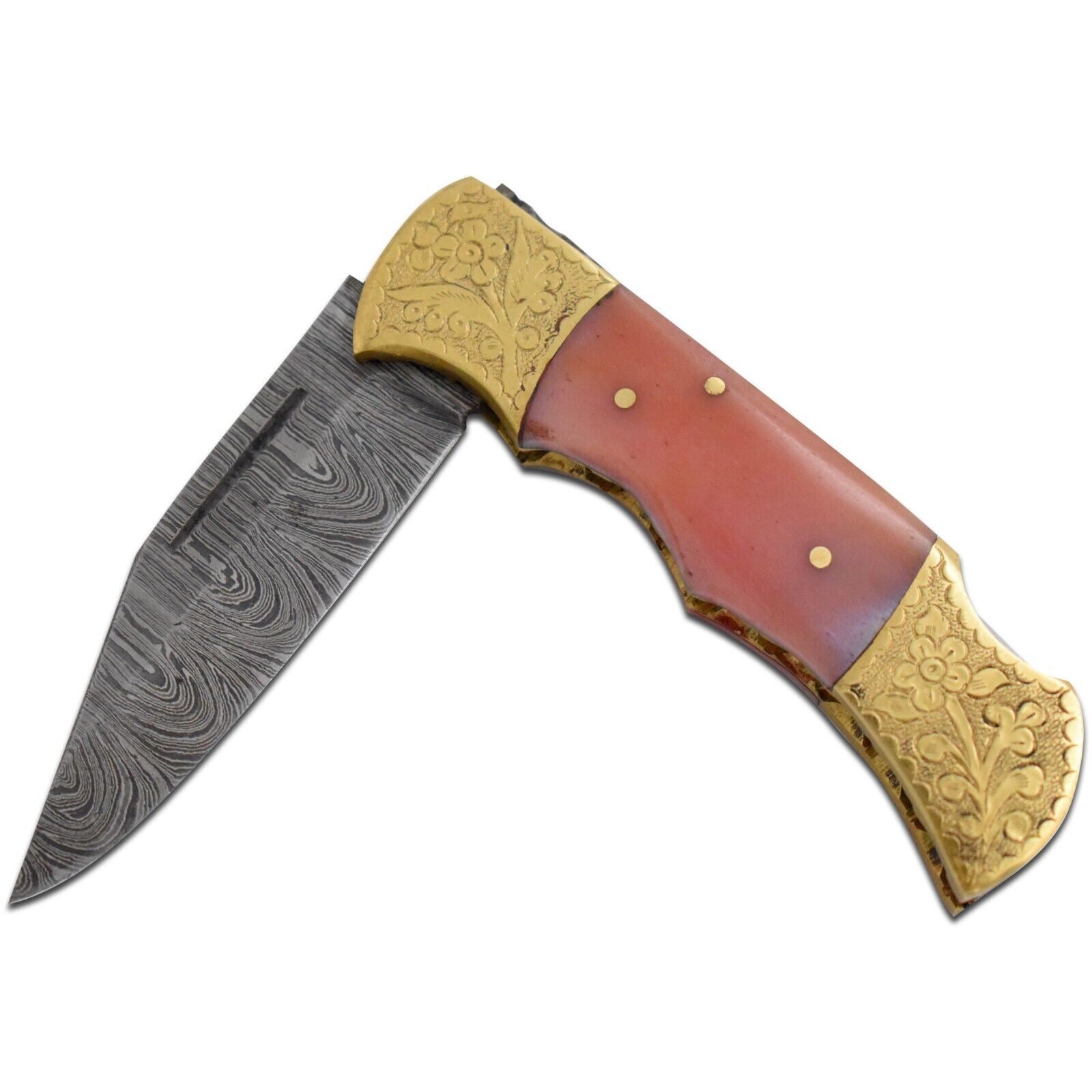 Wild Turkey Handmade Damascus Steel Collection Engraved Brass Folding Knife