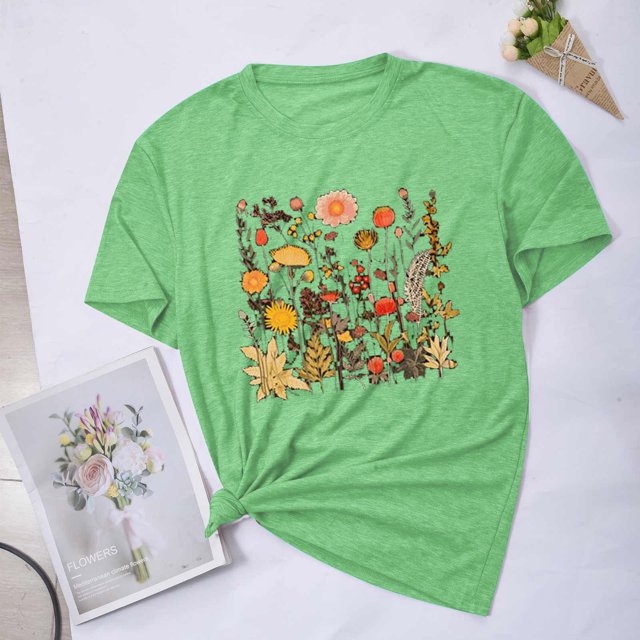 Fiudx Ropa de Mujer Blusas con Estampado de Flores para Mujer Top de Manga Corta con Cuello Redondo